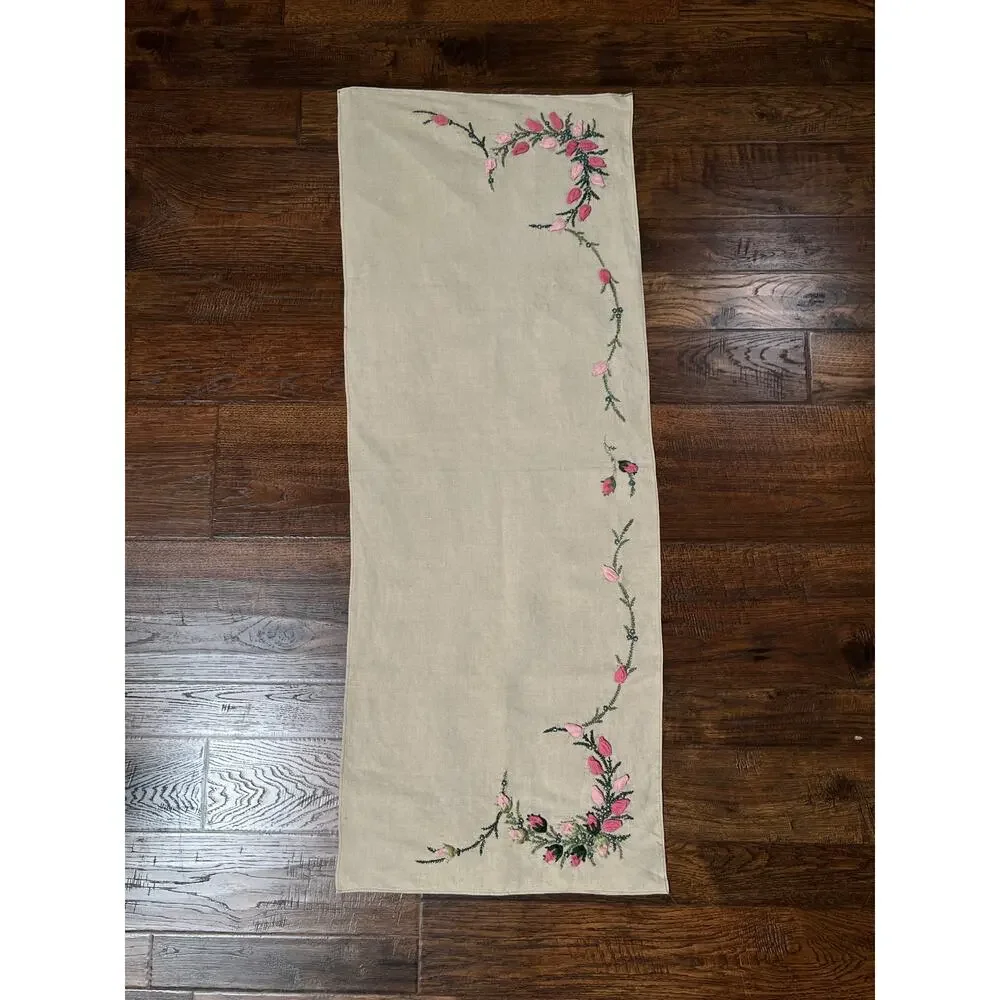 Vintage Rectangular Linen Table Runner Hand Embroidered Puffy Pink Rosebud Vine